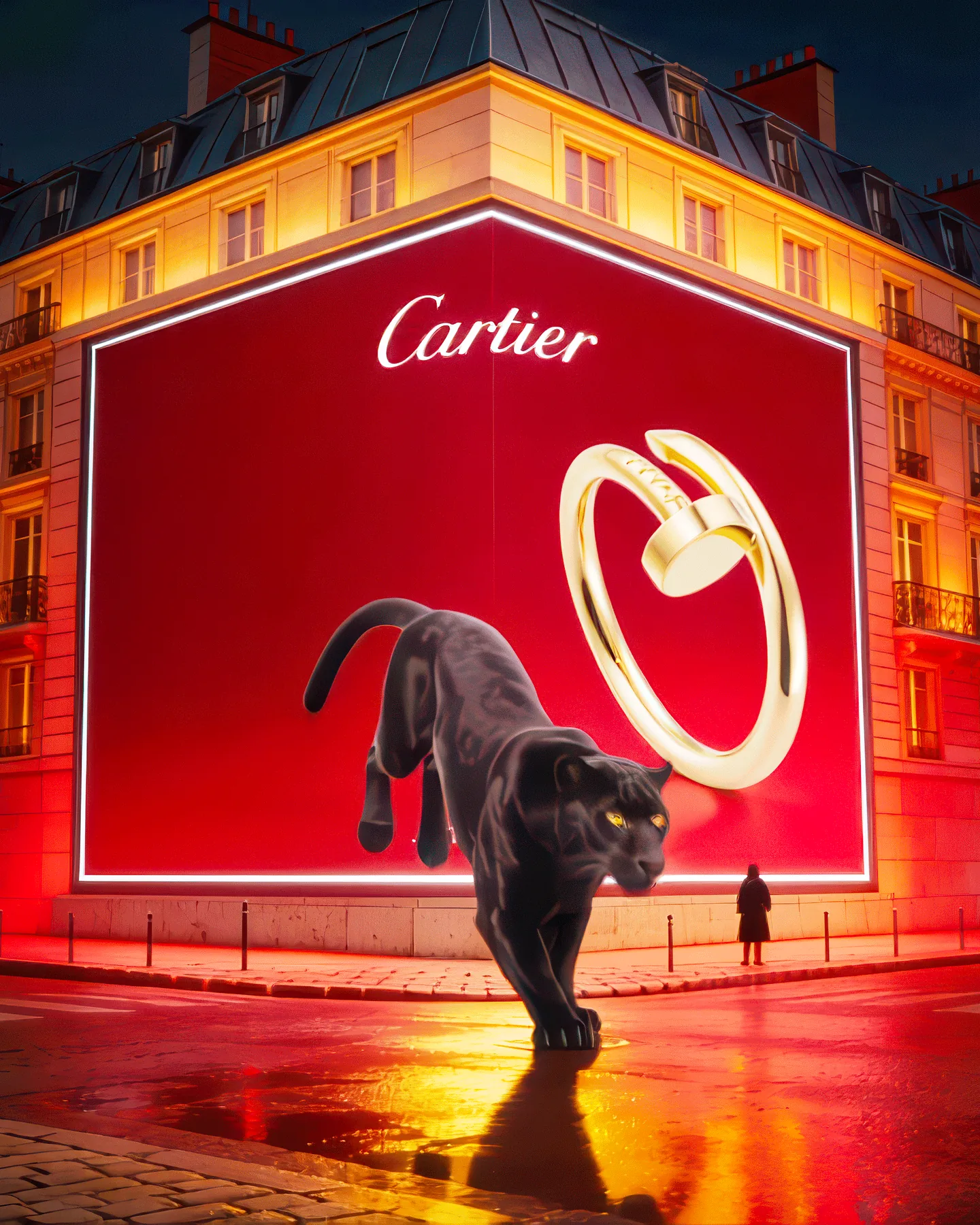 Cartier art direction · 3D night billboard in Paris, Juste un Clou bracelet and black panther on a Haussmann façade, by Fabien Bouadi