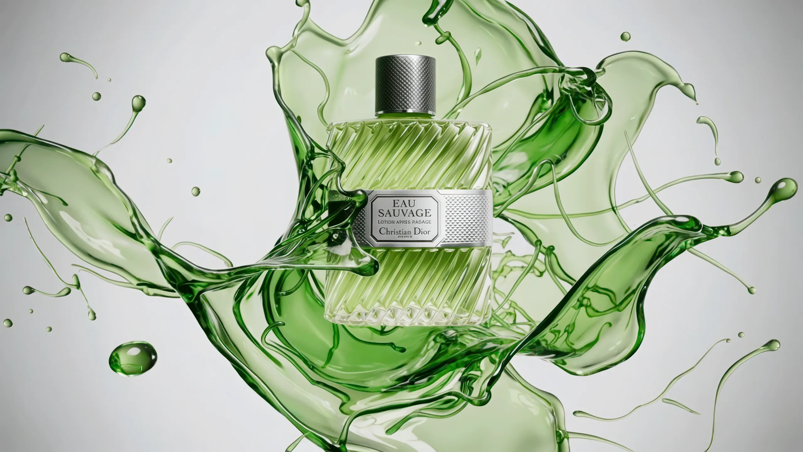 Dior Eau Sauvage · bottle and green lotion splashes, 3D motion design by Fabien Bouadi