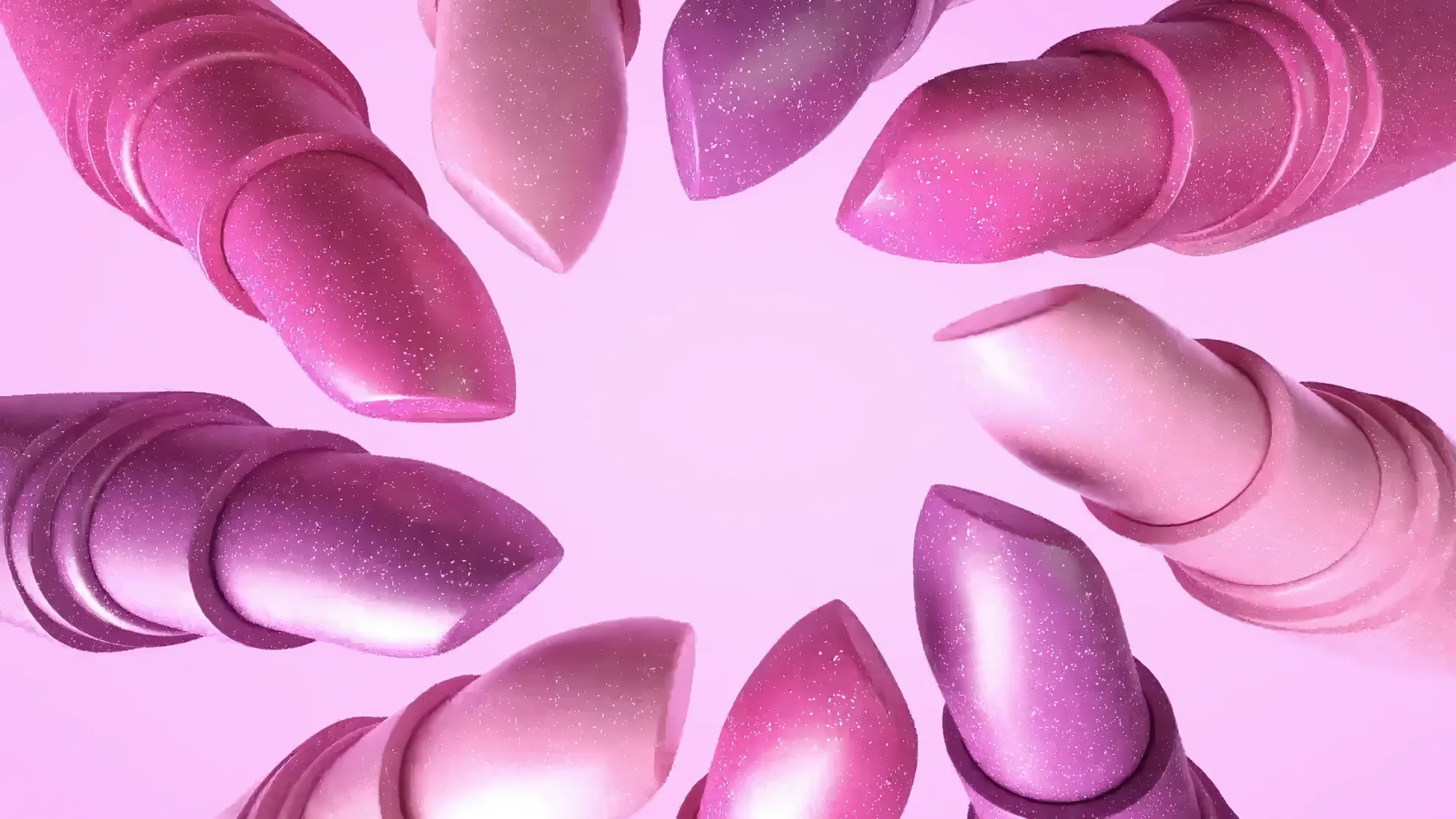 Cosmetics 3D animation: glittering lipsticks arranged in a circle on a pink background