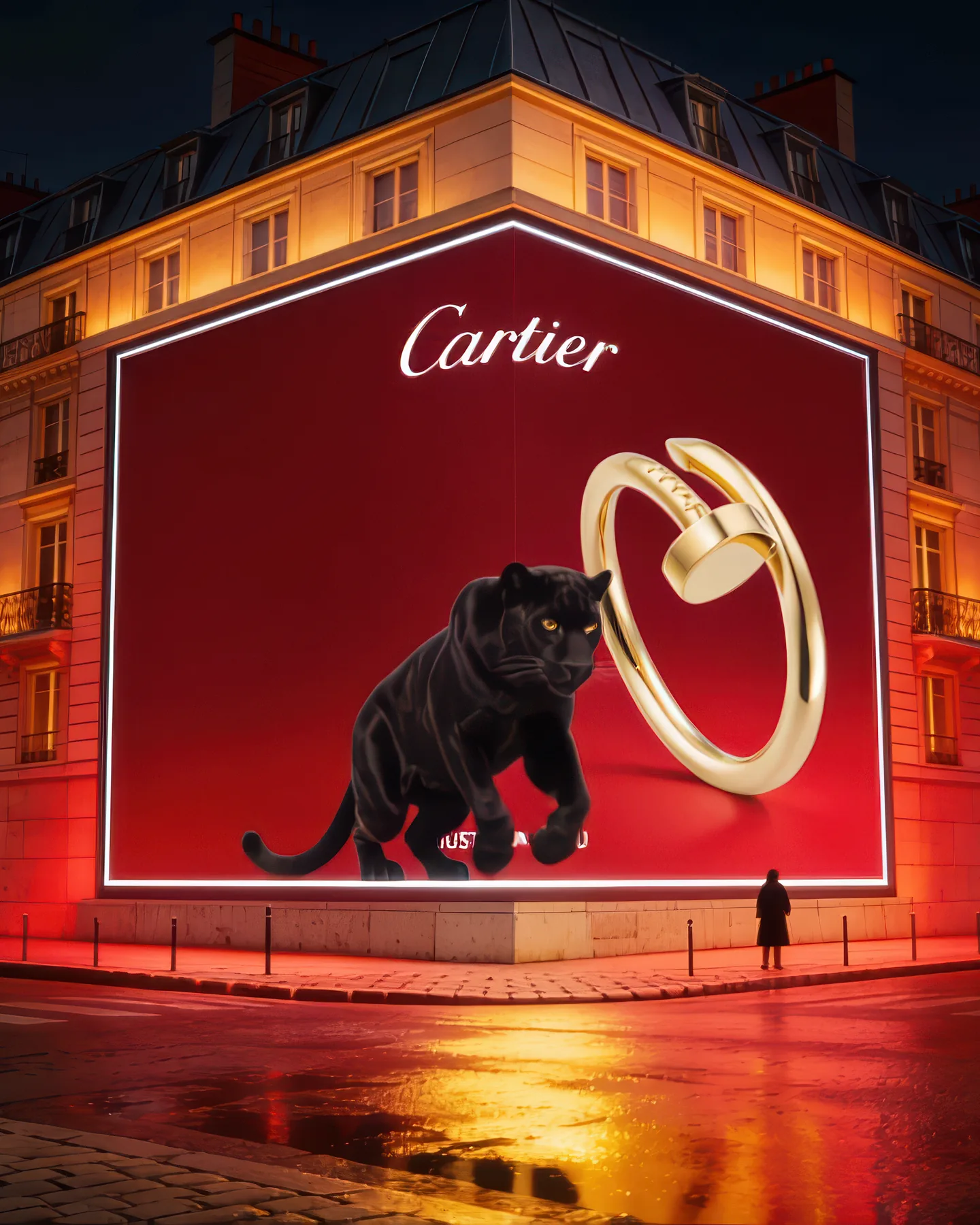 Cartier FOOH imagined by Fabien Bouadi: black panther and Juste un Clou bracelet on an anamorphic billboard, corner of a Haussmann building at night in Paris