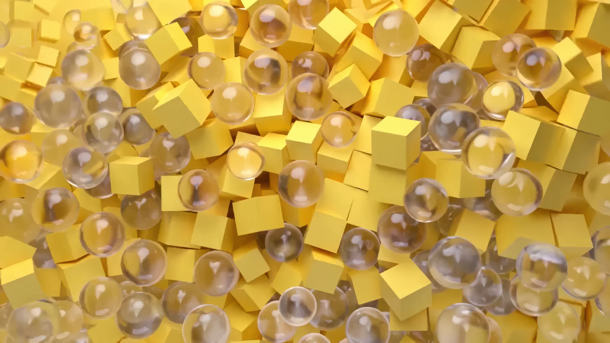 3D motion design: yellow cubes and glass spheres in a physics simulation
