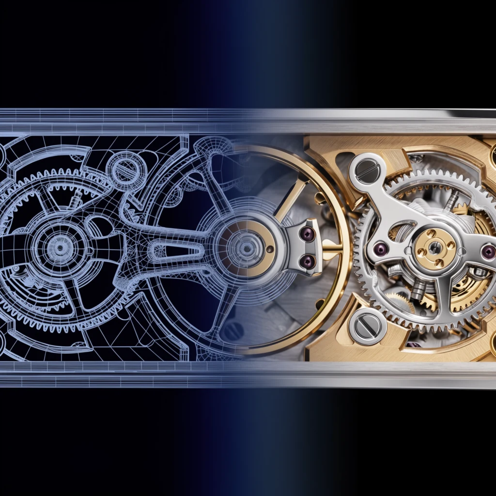 Détail du mouvement mécanique d'une montre de luxe animé en 3D