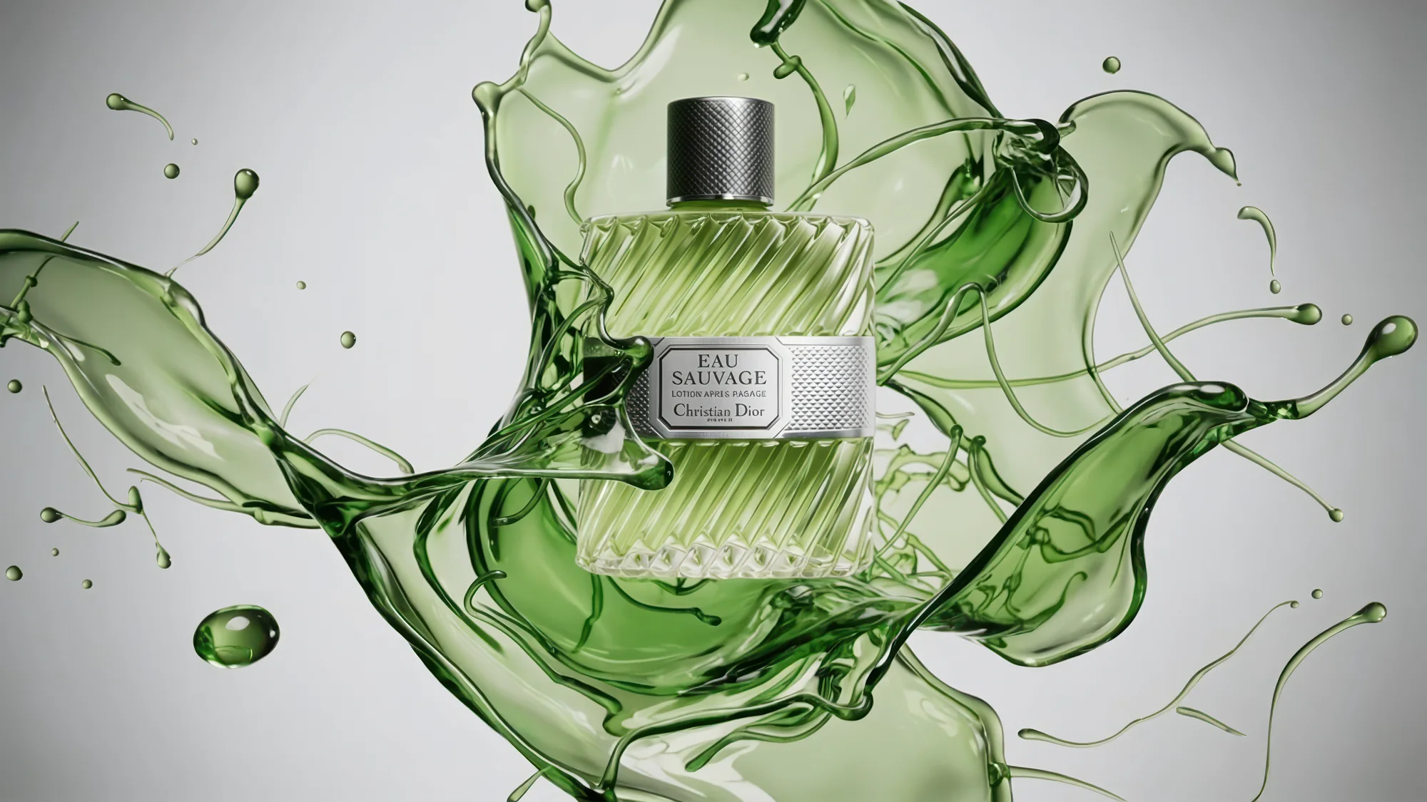 Perfume bottle surrounded by a green fluid simulation — fragrance 3D animation