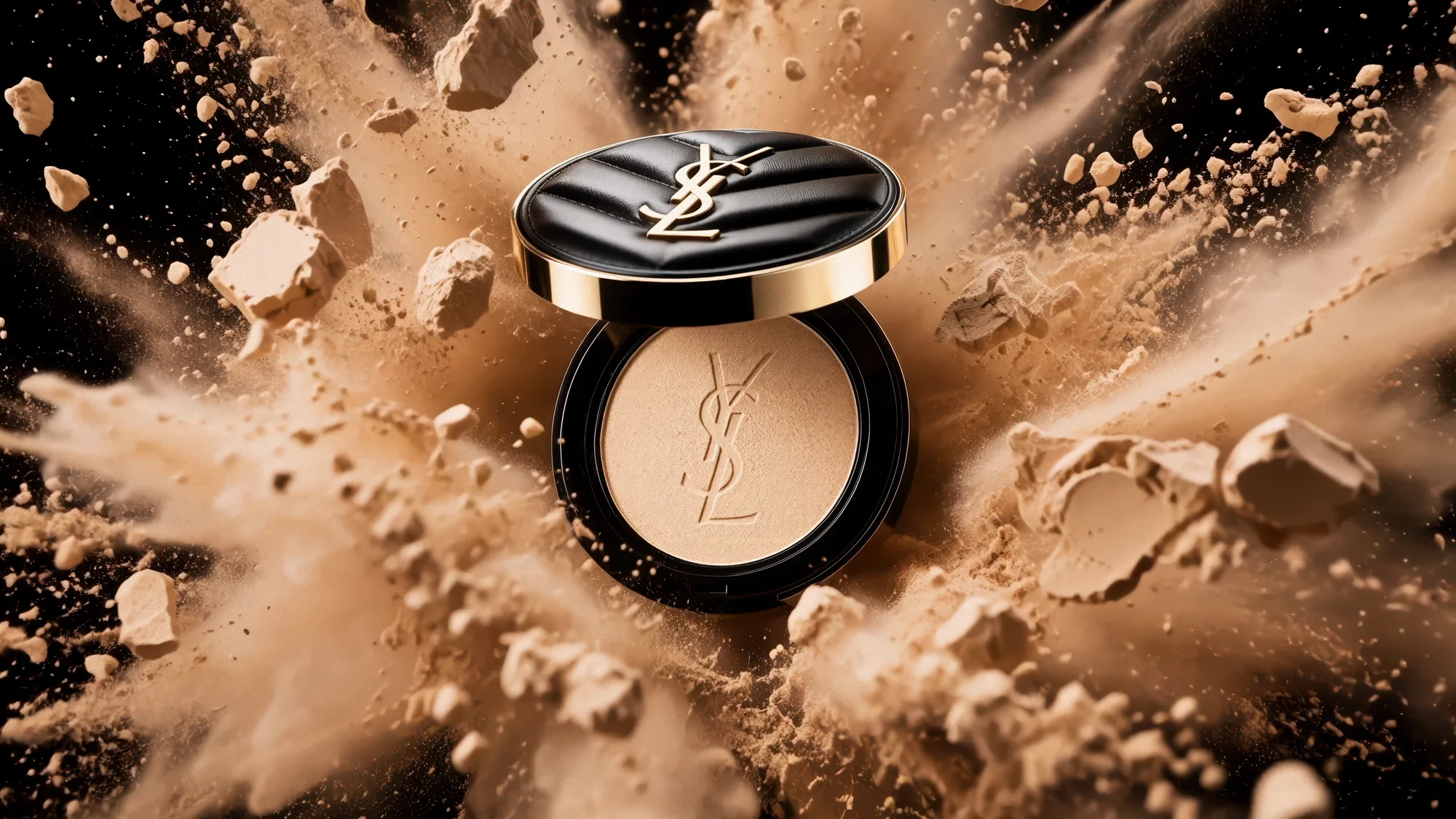 Luxury pressed powder bursting into matter — cosmetic texture 3D simulation