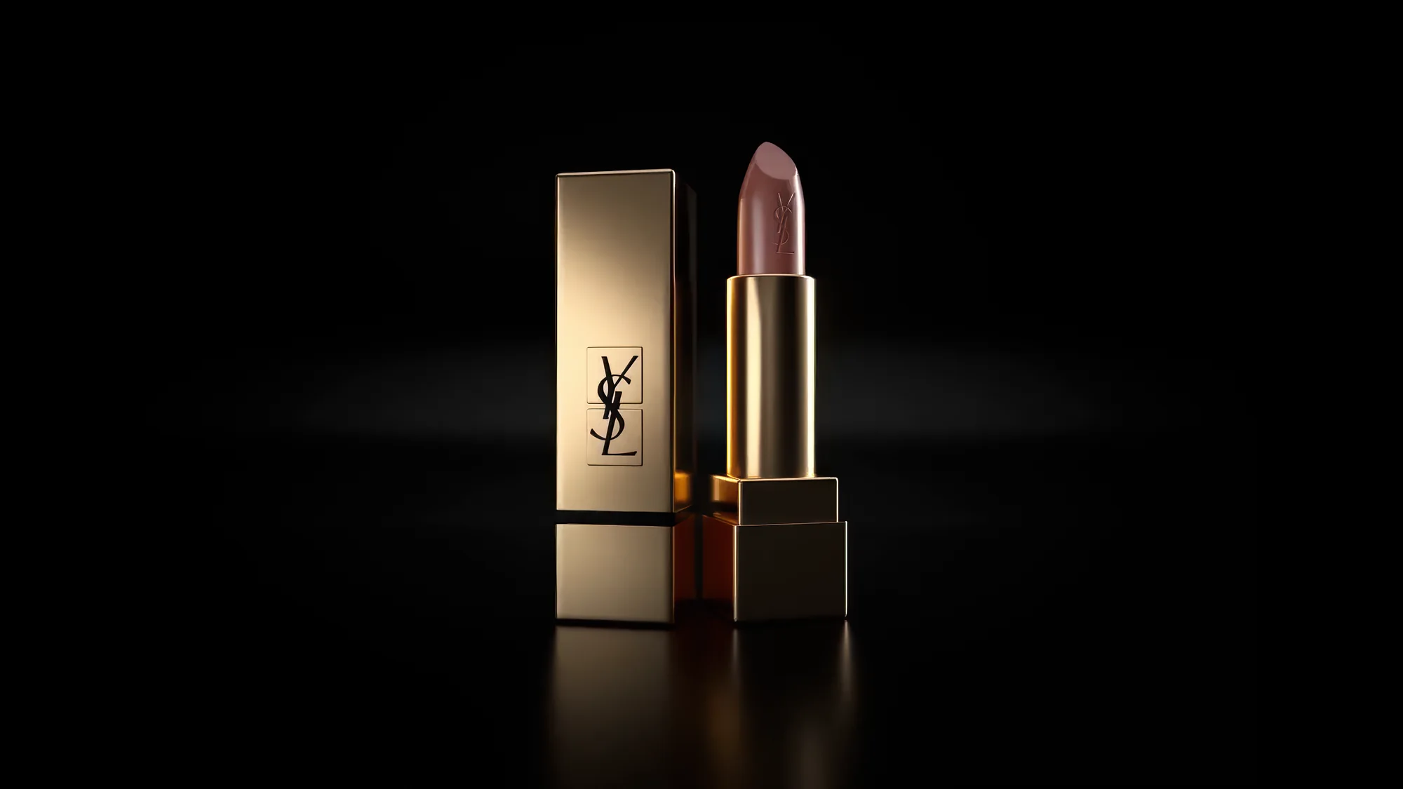 3D animation of a gold luxury lipstick on a black background — photorealistic cosmetic render