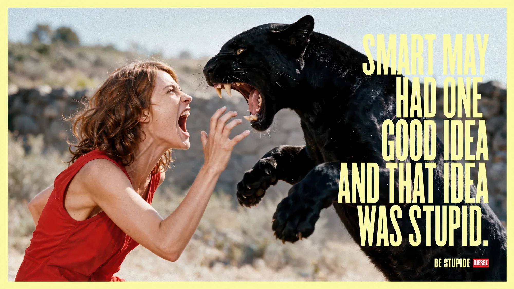 Fashion advertising campaign visual: a woman facing a black panther