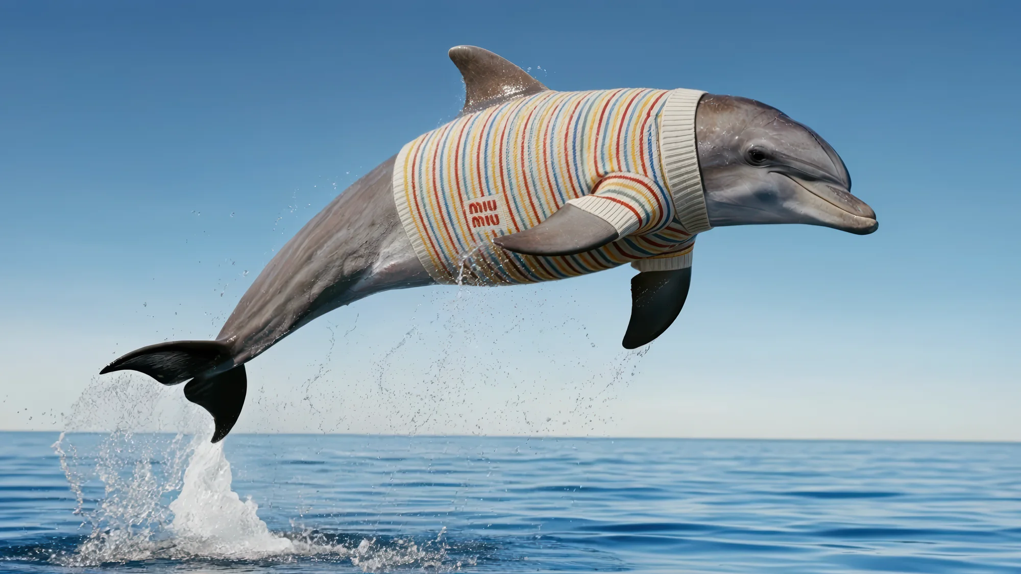 CGI image of a dolphin wearing a fashion jumper — art direction and visual creation