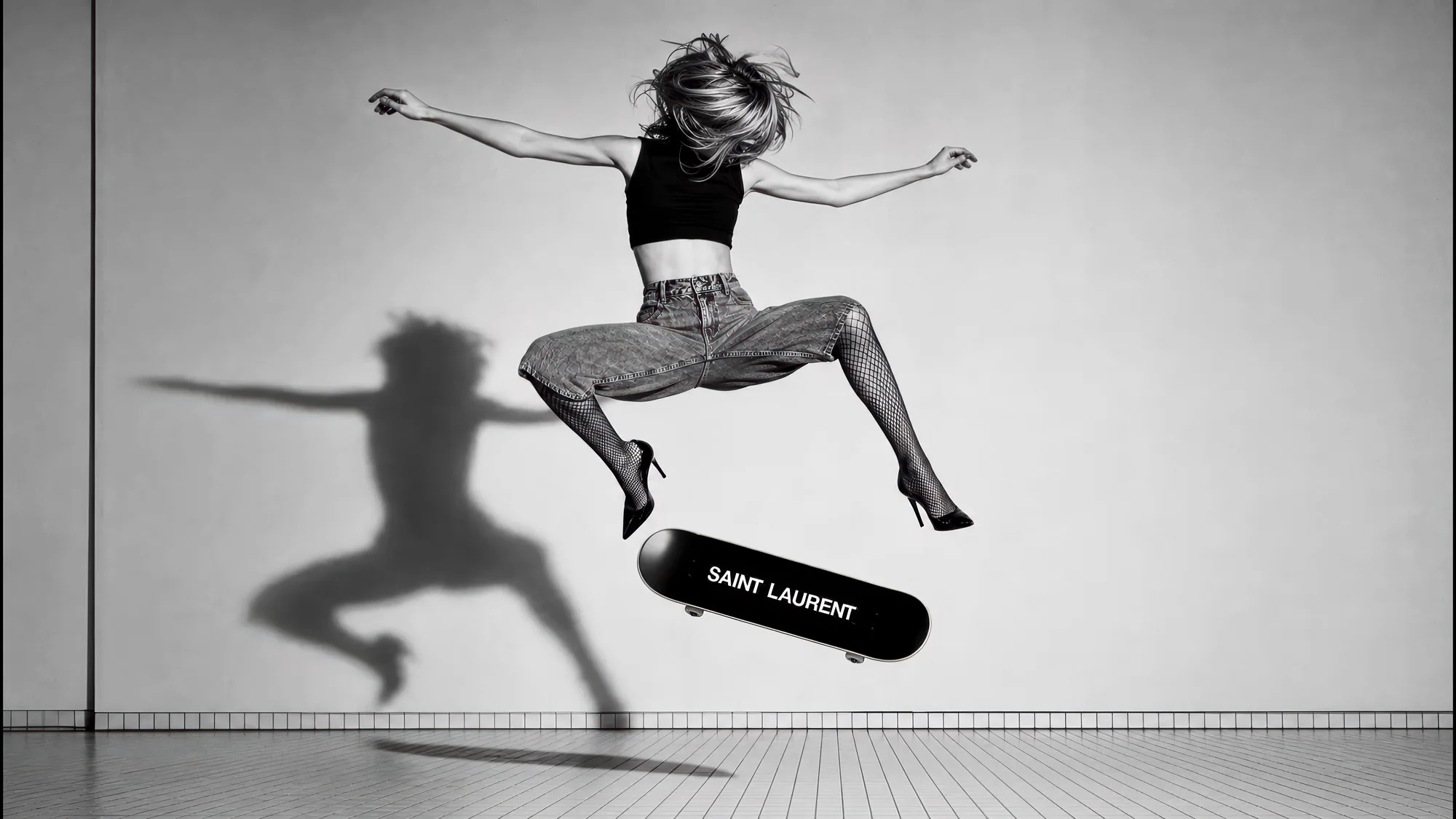 Fashion art direction: black and white skateboard jump, editorial campaign