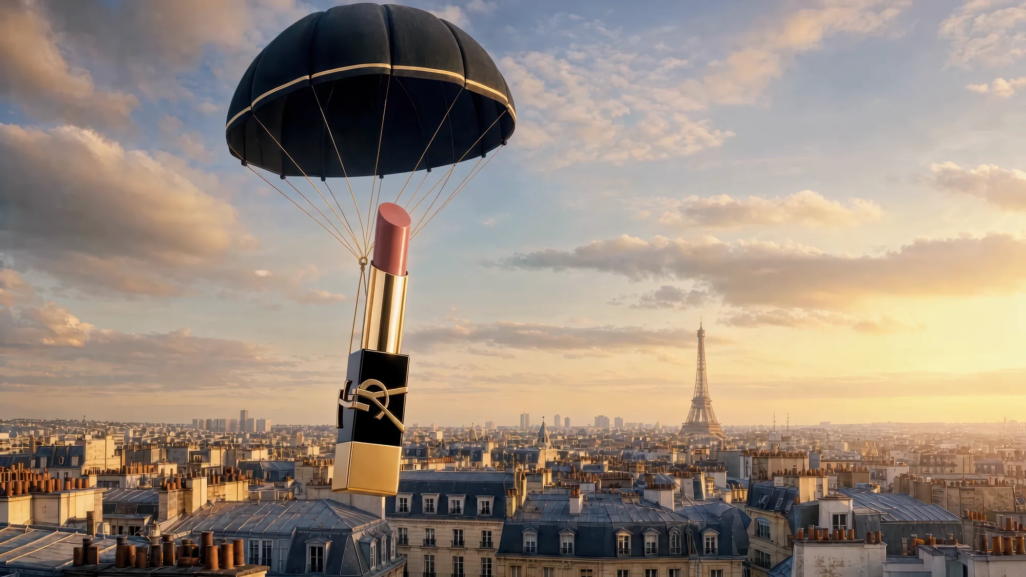 Art direction: a luxury lipstick hanging from a parachute over the rooftops of Paris