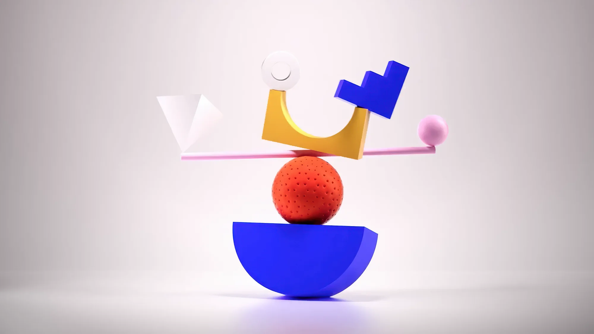 Freelance motion designer in 2026 — 3D composition of shapes in balance, art direction by Fabien Bouadi