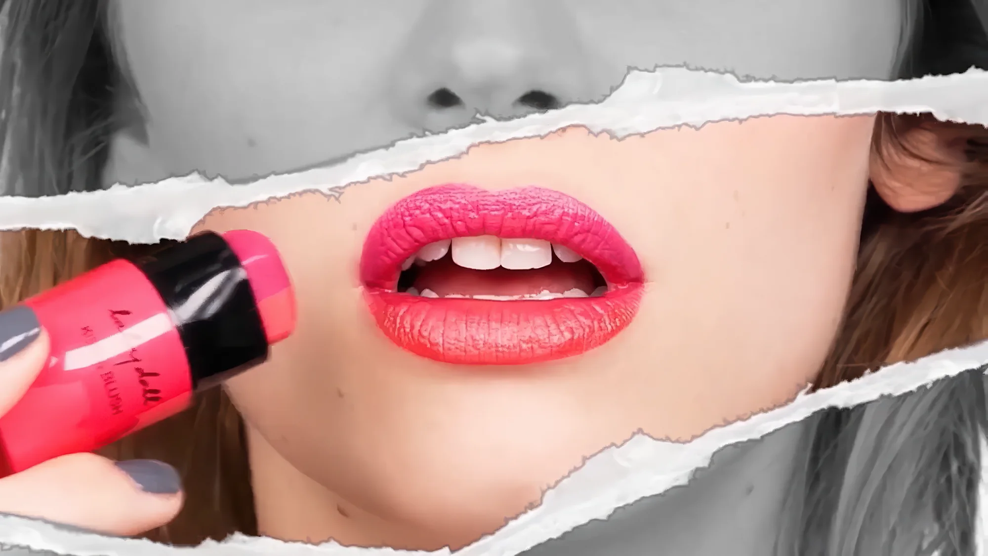 Cosmetics motion design: red lips revealed through a torn paper effect