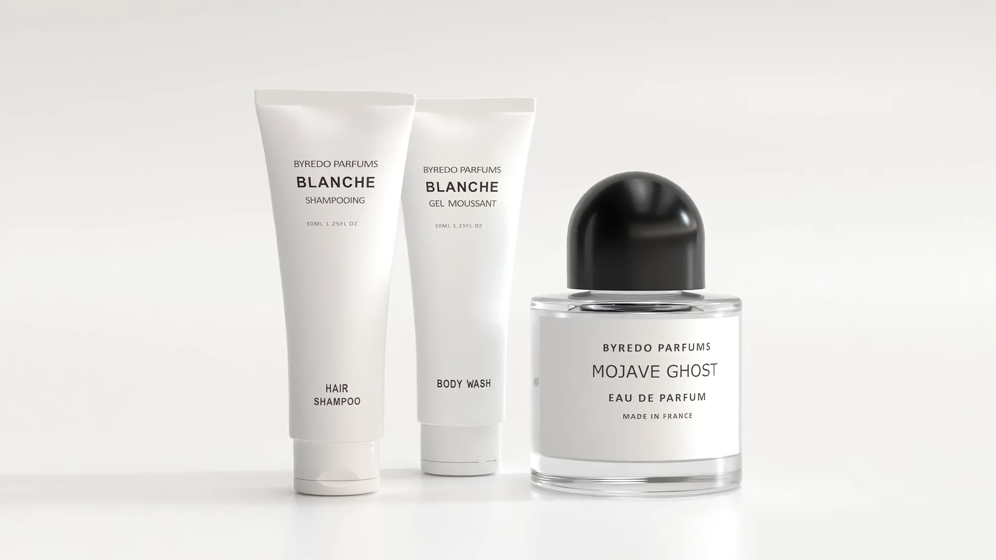 Packshot moodtape: perfume bottle and skincare in the studio on a white background