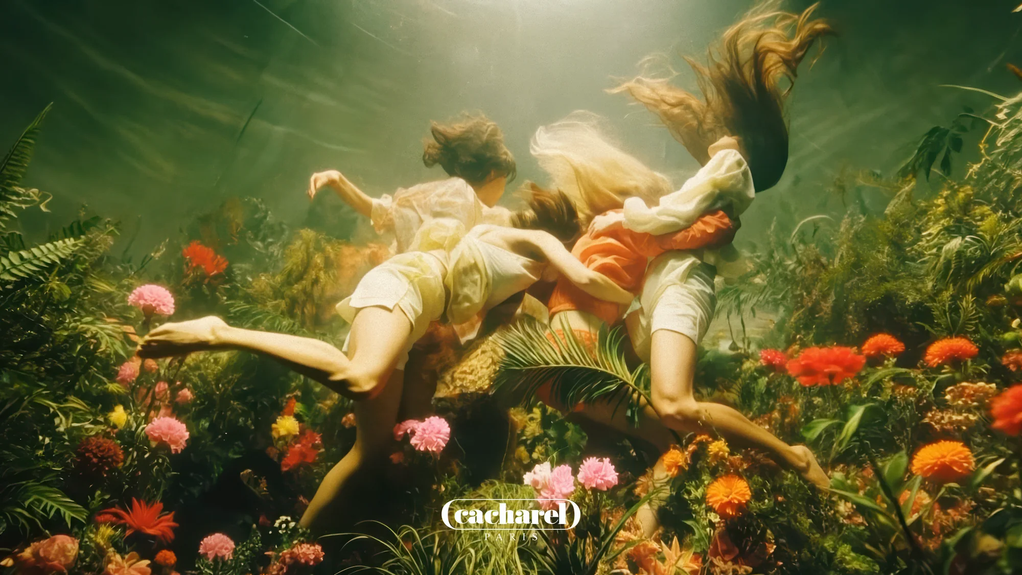 Fragrance moodtape: silhouettes floating above a flower garden, dreamlike mood