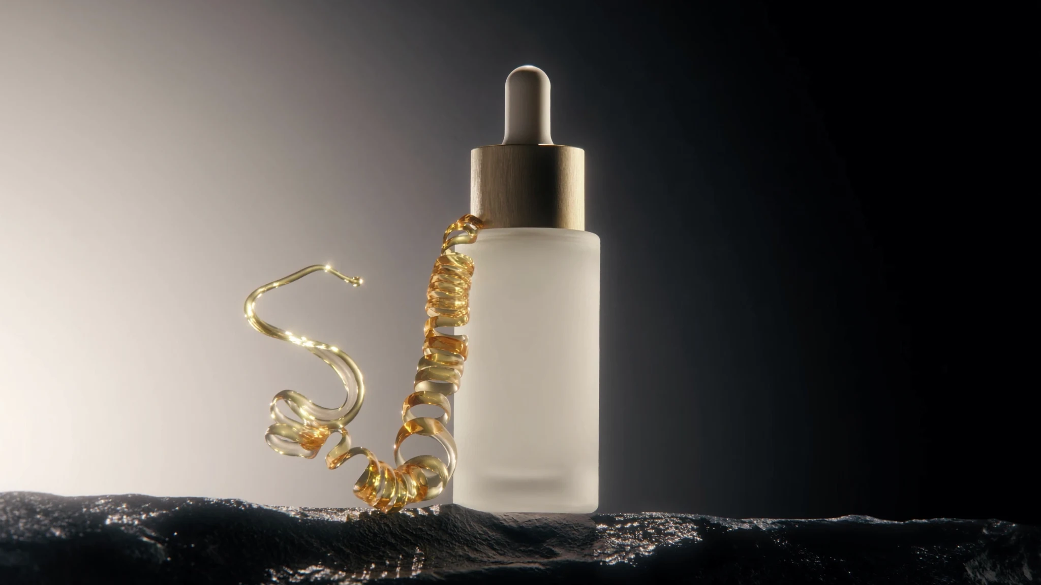 Flacon de sérum cosmétique de luxe et coulée d'huile dorée — motion design beauté par Fabien Bouadi