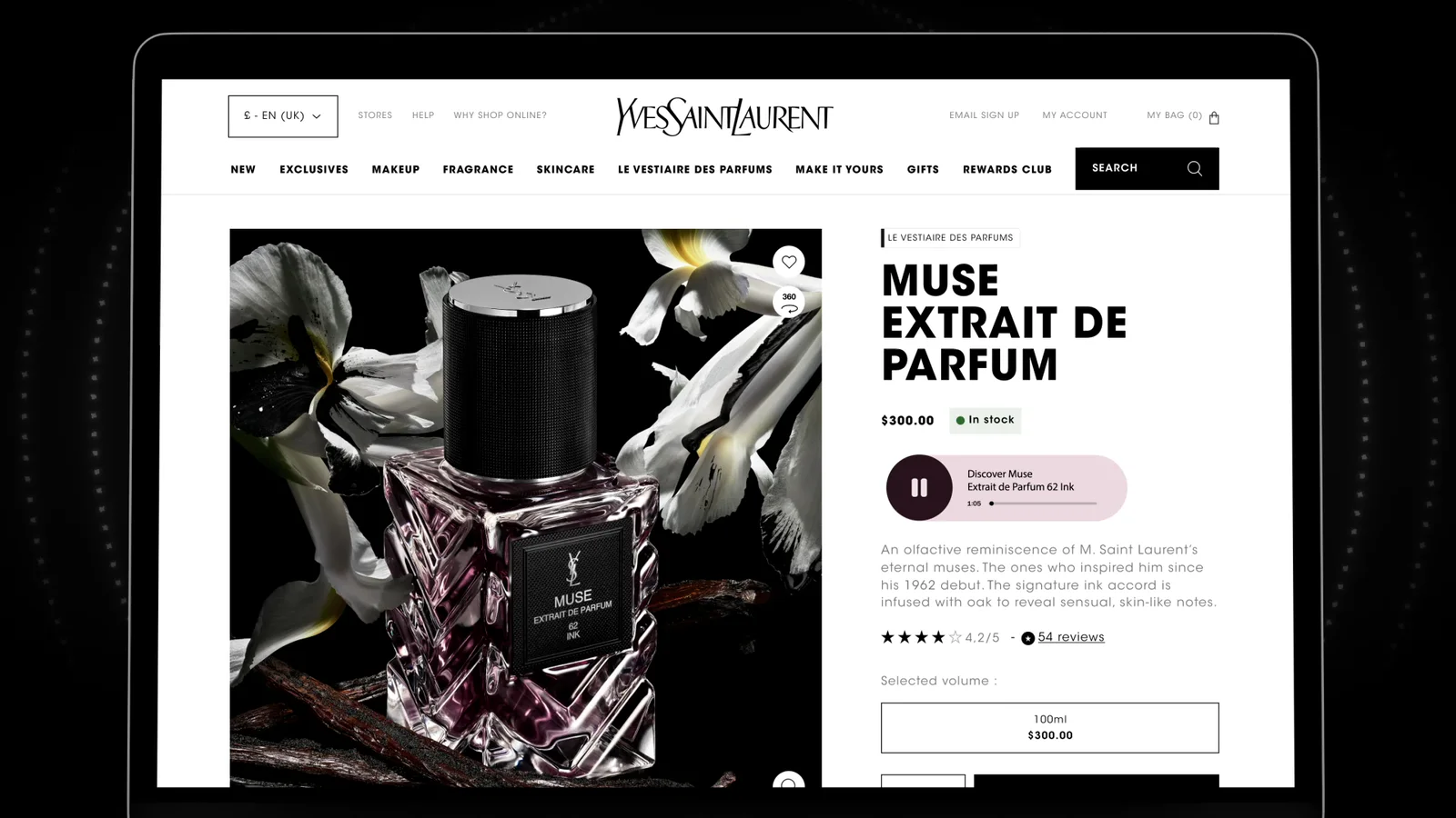 Page produit Muse animée sur un ordinateur portable, fond noir